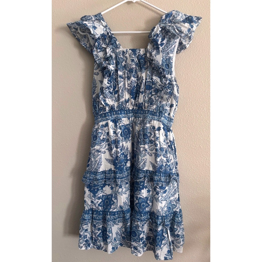 Ro's‎ Garden Mini Dress Womens Sm Blue White Cotton Ruffle Tiered Preppy Resort